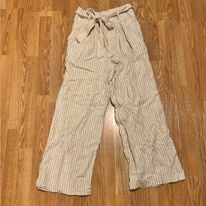 Uniqlo Cream Linen-Cotton striped pants with belt